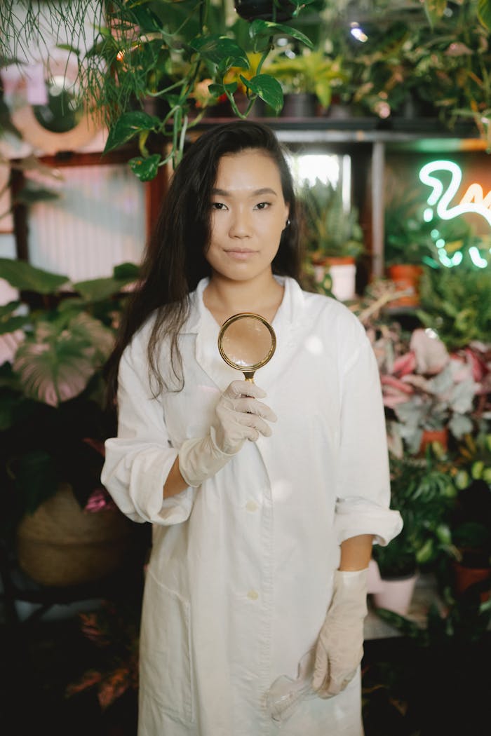 A woman botanist wearing a white coat and gloves examines plants indoors with a magnifying glass.